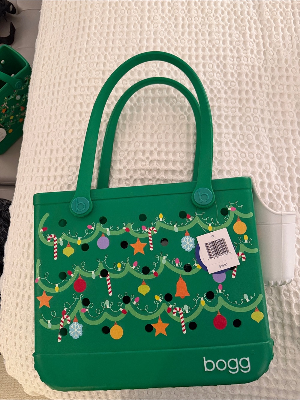 BOGG BAG Green Tote with Festive Ornament Print